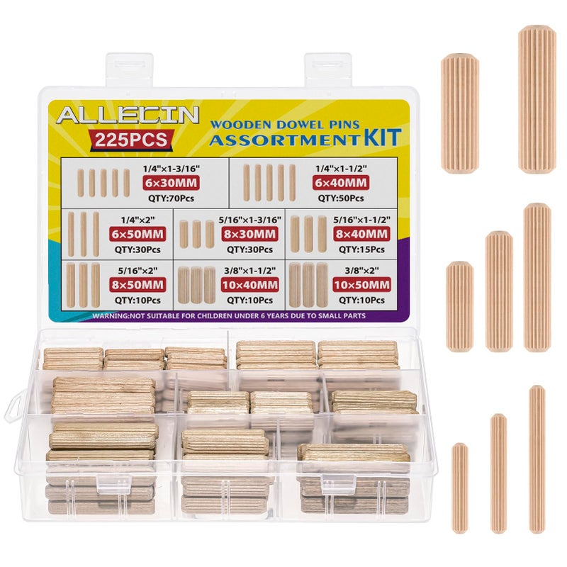 ALLECIN 8 Values Wood Dowels Kit 1/4 3/8 5/16 Inch Fluted Wooden Dowel Pins Pegs Assortment for Furniture Woodworking DIY Crafts (Pack of 225Pcs) - Image 1